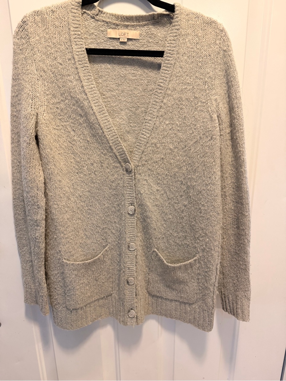 LOFT Heather Gray V-Neck Button-Front Cardigan with Pockets